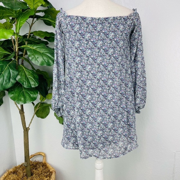 For Love & Lemons Purple Floral Long Sleeve Off Shoulder Pocket Tunic Mini Dress - Picture 6 of 8